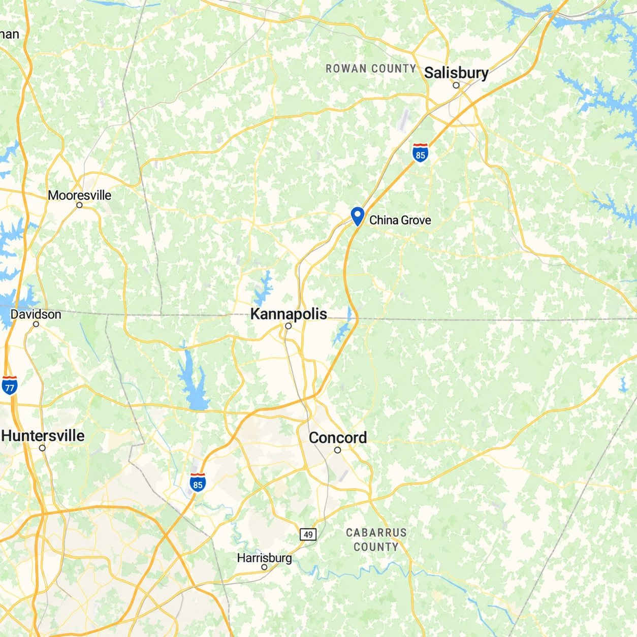 Service area map around China Grove, covering Rowan and Cabarrus counties from Salisbury south to Concord