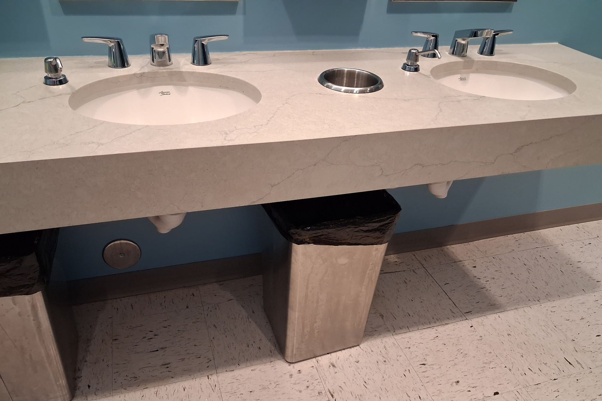 Commercial restroom double vanity with polished basins and a wiped counter